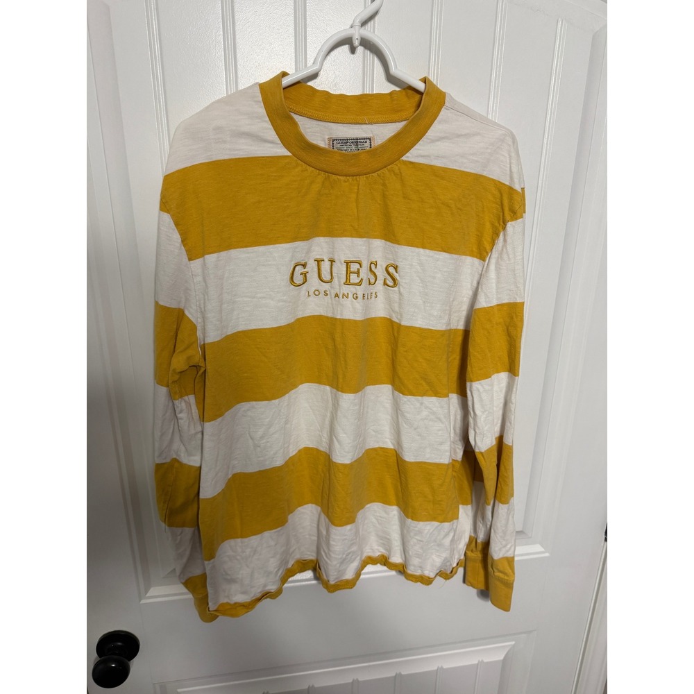 Guess Long Sleeve Shirt Mens Large Originals Striped Embroidered Yellow EUC